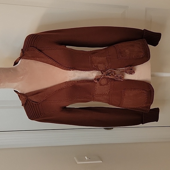 Unique Nanette Lepore Brown Cardigan Sweater with Suede Trim size XS. - Picture 1 of 9